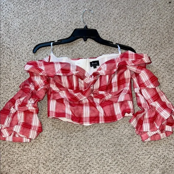 Bardot Red Plaid Off-Shoulder Women's Top - Picture 4 of 6